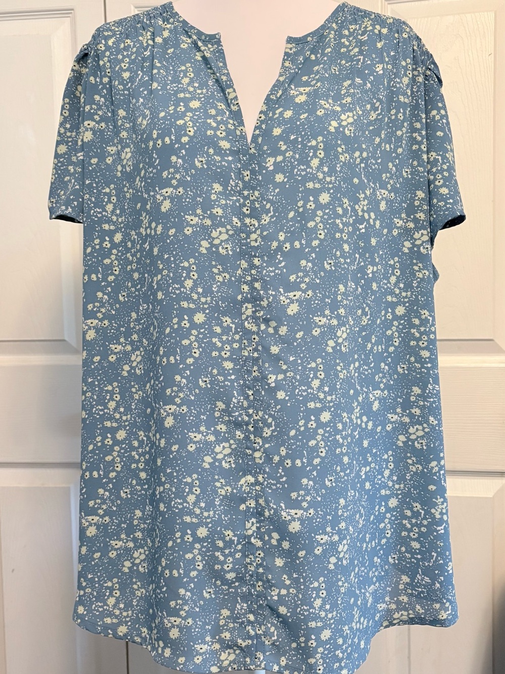 Blue Floral Notch-Neck Short Sleeve Blouse